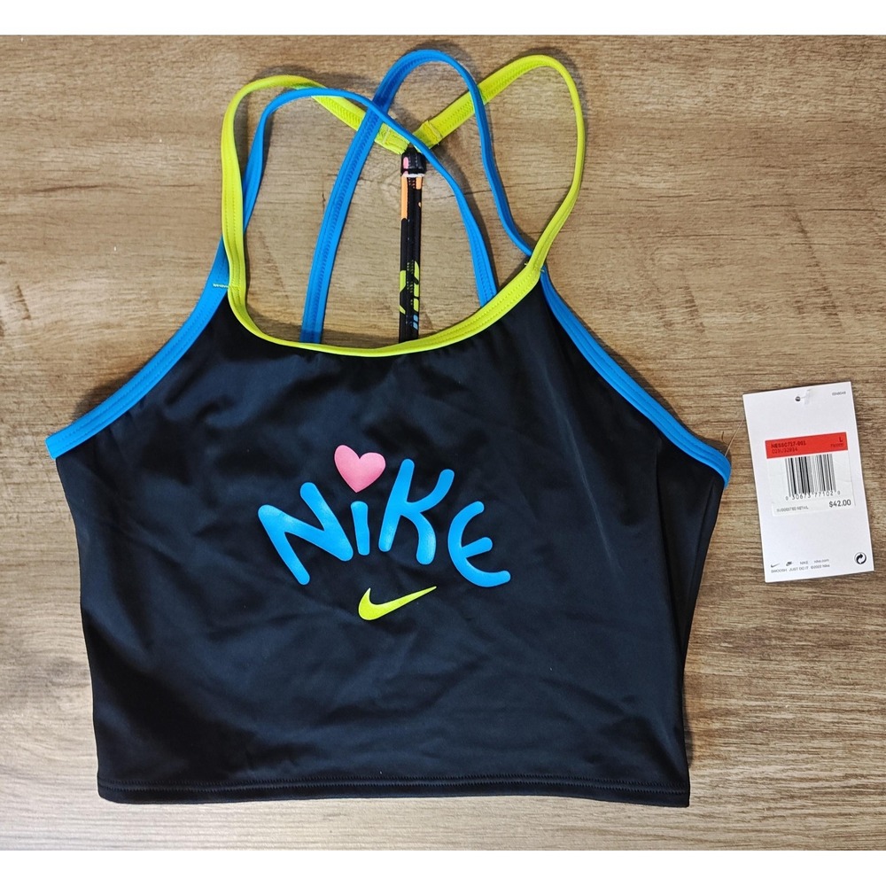Nike Kids Girls Swim Top Crop Black Blue Pink‎ Neon Green Heart Logo Size L